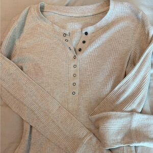 Aerie Beige Ribbed Henley Sweater